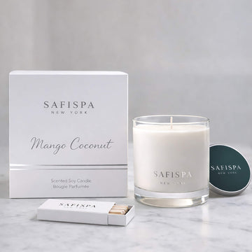 SaFiSpa Mango Coconut scented candle with luxury box packaging, premium glass jar candle and silver lid.