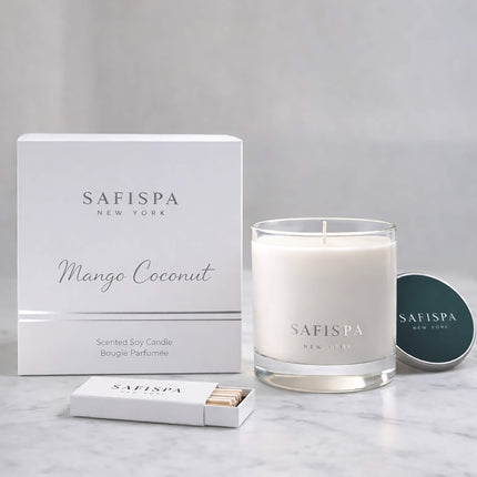 SaFiSpa Mango Coconut scented candle with luxury box packaging, premium glass jar candle and silver lid.