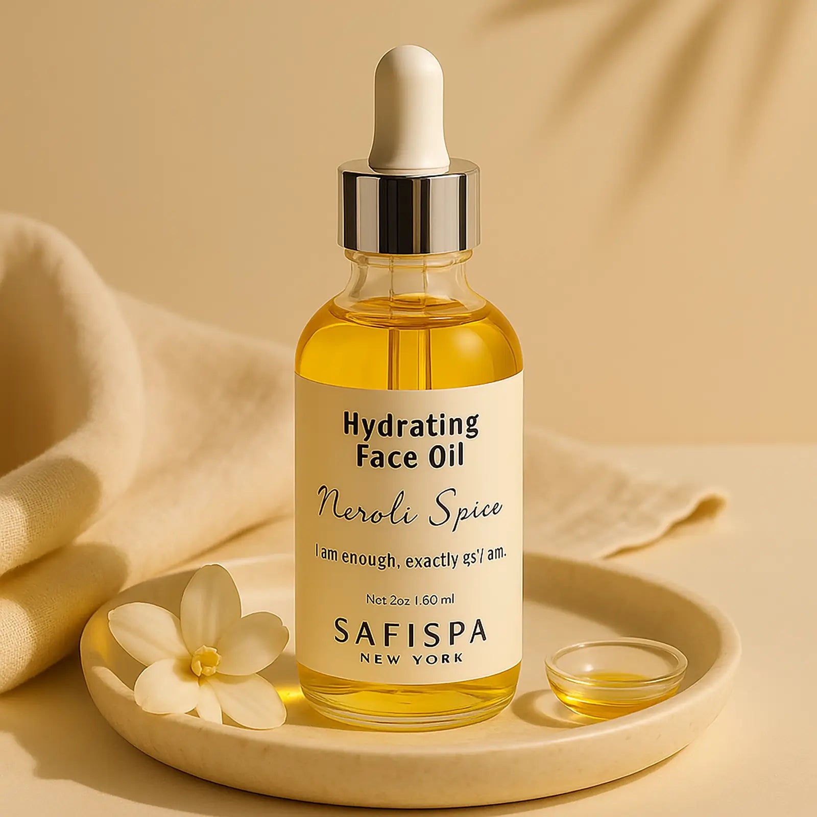 Neroli Spice face oil on vanity tray in a bright bathroom—luxury clean skincare ritual