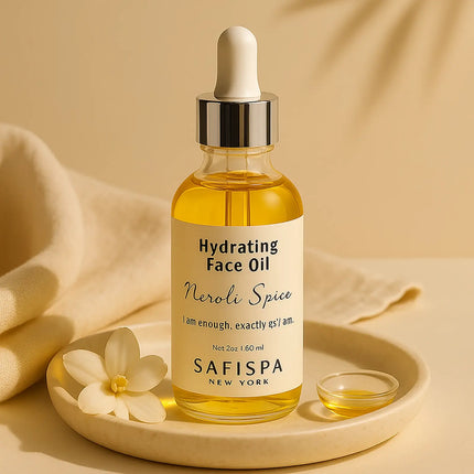 Neroli Spice face oil on vanity tray in a bright bathroom—luxury clean skincare ritual