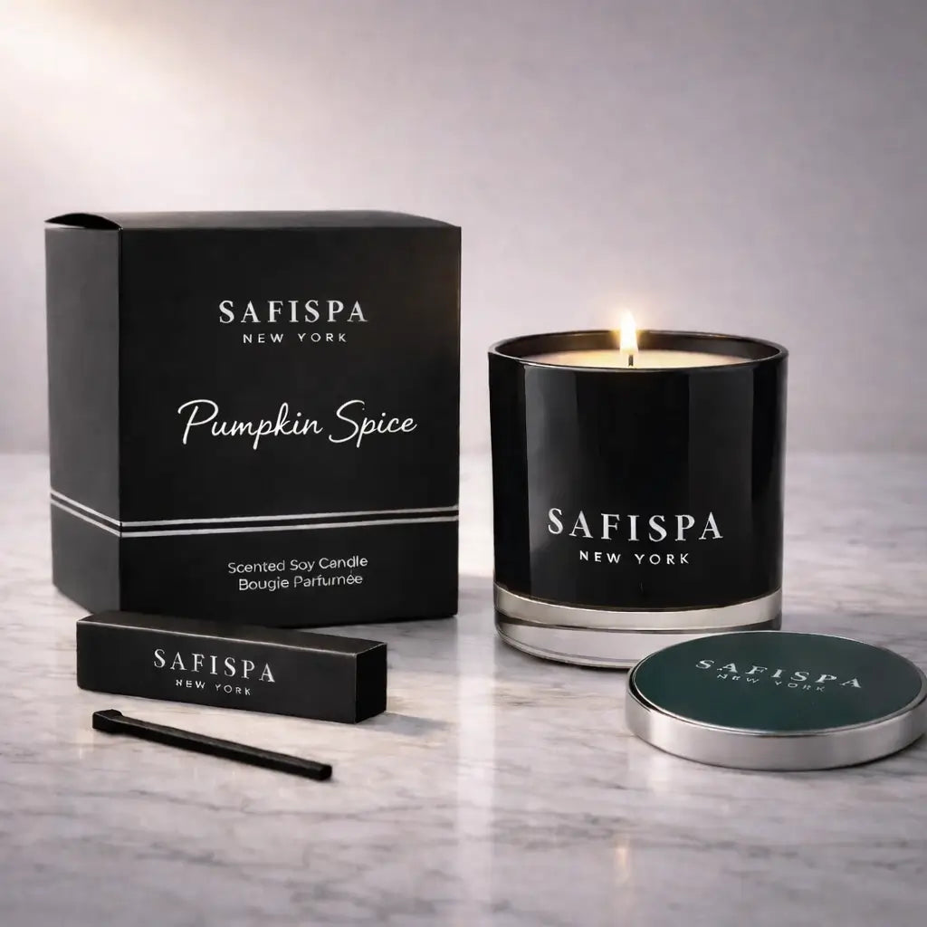 Pumpkin spice scented candle with rich notes of cinnamon, nutmeg, and vanilla, filling the room with warm, comforting fall energy and a long-lasting clean burn.