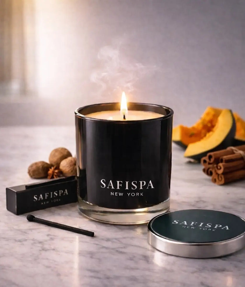 Best pumpkin spice candle for fall, bold cinnamon and vanilla scent, strong fragrance throw, clean burn, and elegant minimalist luxury design.