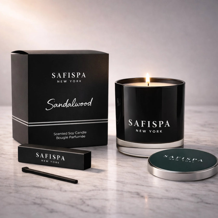 Luxury sandalwood candle in black glass vessel, clean-burning soy wax with warm woody fragrance