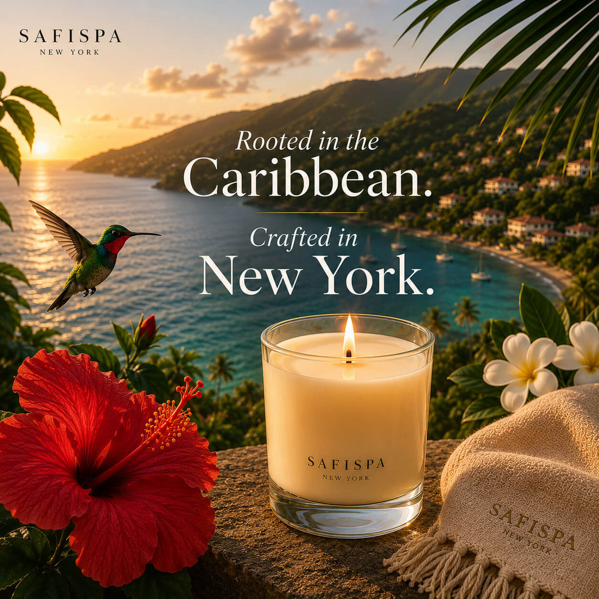 SaFiSpa luxury candle featured against a tropical Caribbean landscape with hibiscus flowers and a hummingbird, representing Caribbean heritage and New York craftsmanship.