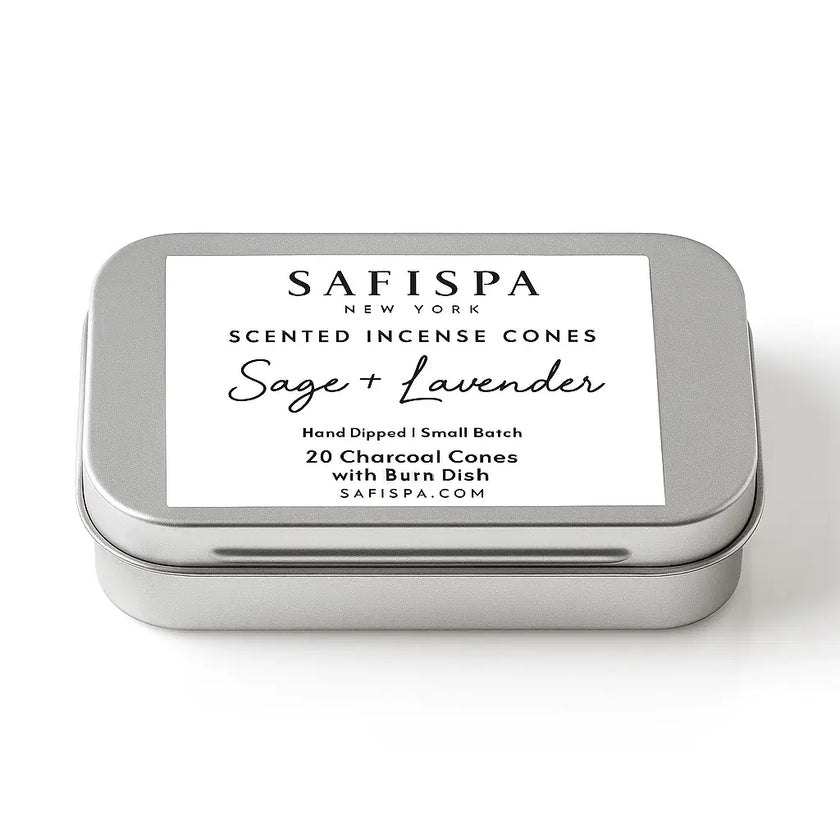 SaFiSpa Sage and Lavender incense cones – luxury aromatherapy charcoal cones in reusable tin, clean-burning, non-toxic