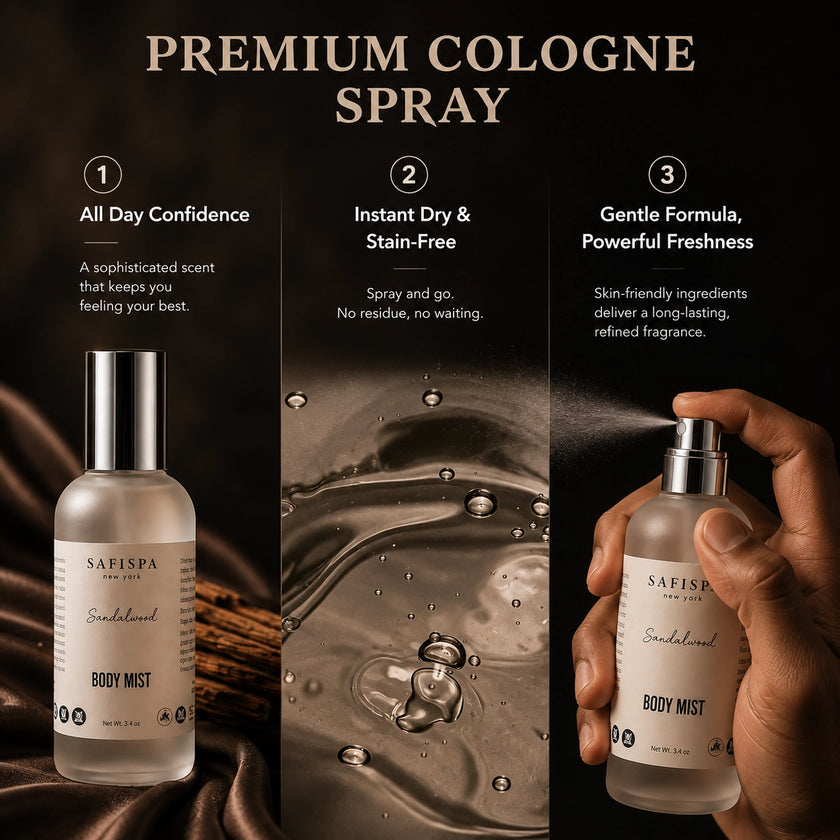 SaFiSpa Sandalwood Body Mist, a warm woody unisex fragrance for men and women, featured in a luxury men’s fragrance lifestyle.