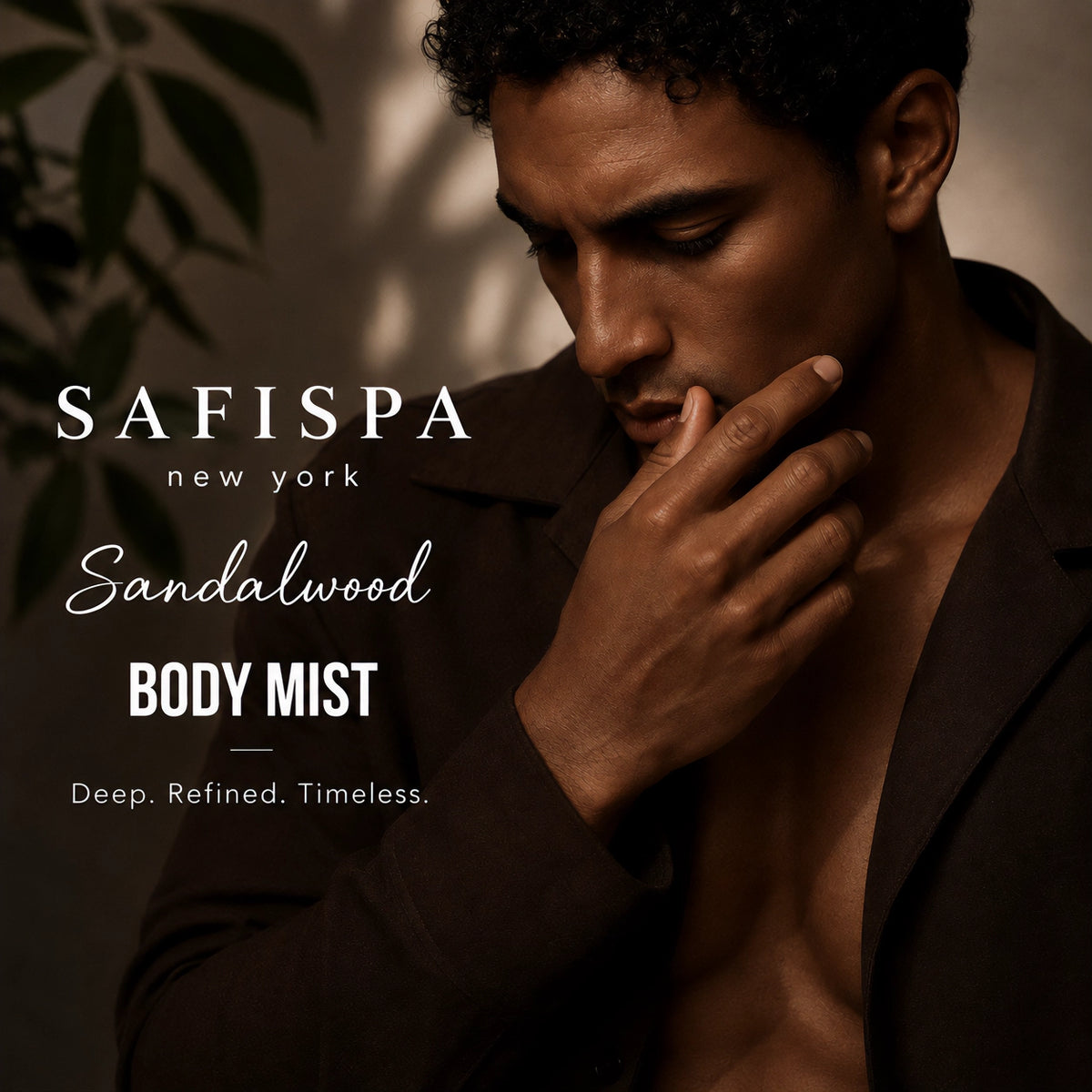 Man applying SaFiSpa Sandalwood Body Mist, a warm woody unisex fragrance designed for an effortless