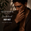 Man applying SaFiSpa Sandalwood Body Mist, a warm woody unisex fragrance designed for an effortless