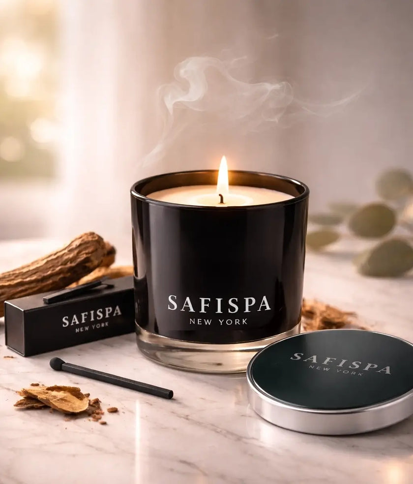 Sandalwood scented candle with creamy woody notes, long-lasting soy wax home fragrance for bedroom, living room, and luxury decor styling