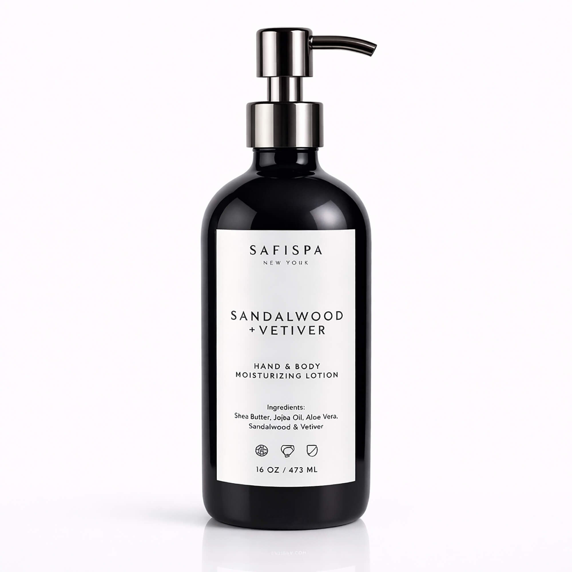 SaFiSpa sandalwood vetiver hand and body lotion 16 oz luxury moisturizer in black pump bottle on white background
