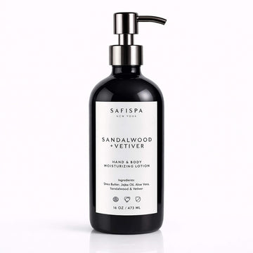 SaFiSpa sandalwood vetiver hand and body lotion 16 oz luxury moisturizer in black pump bottle on white background