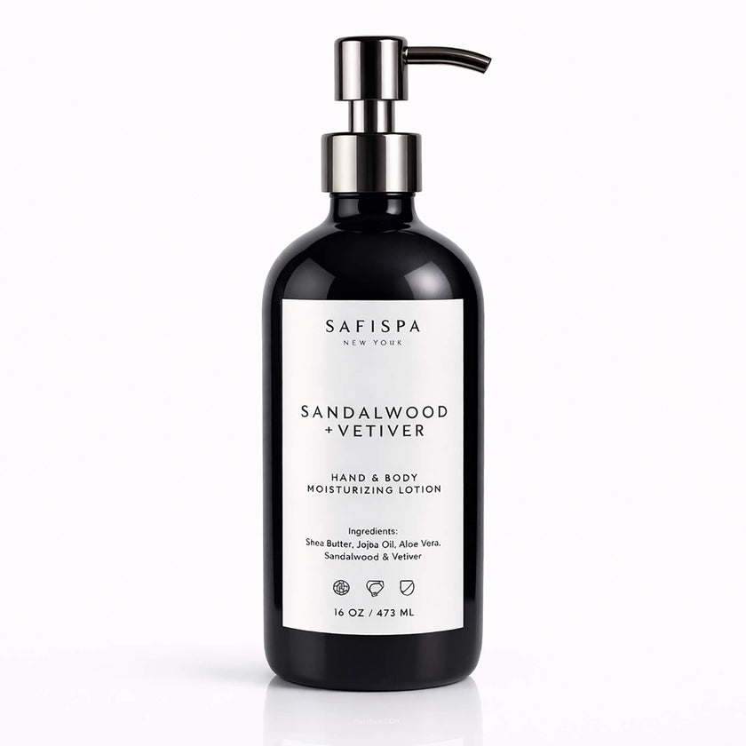 SaFiSpa sandalwood vetiver hand and body lotion 16 oz luxury moisturizer in black pump bottle on white background