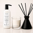 SaFiSpa Sandalwood & Vetiver luxury gift set featuring a handcrafted soy candle, moisturizing hand and body lotion, and premium reed diffuser for an elegant home fragrance and self-care experience
