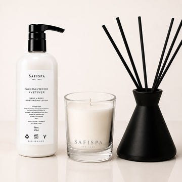 SaFiSpa Sandalwood & Vetiver luxury gift set featuring a handcrafted soy candle, moisturizing hand and body lotion, and premium reed diffuser for an elegant home fragrance and self-care experience