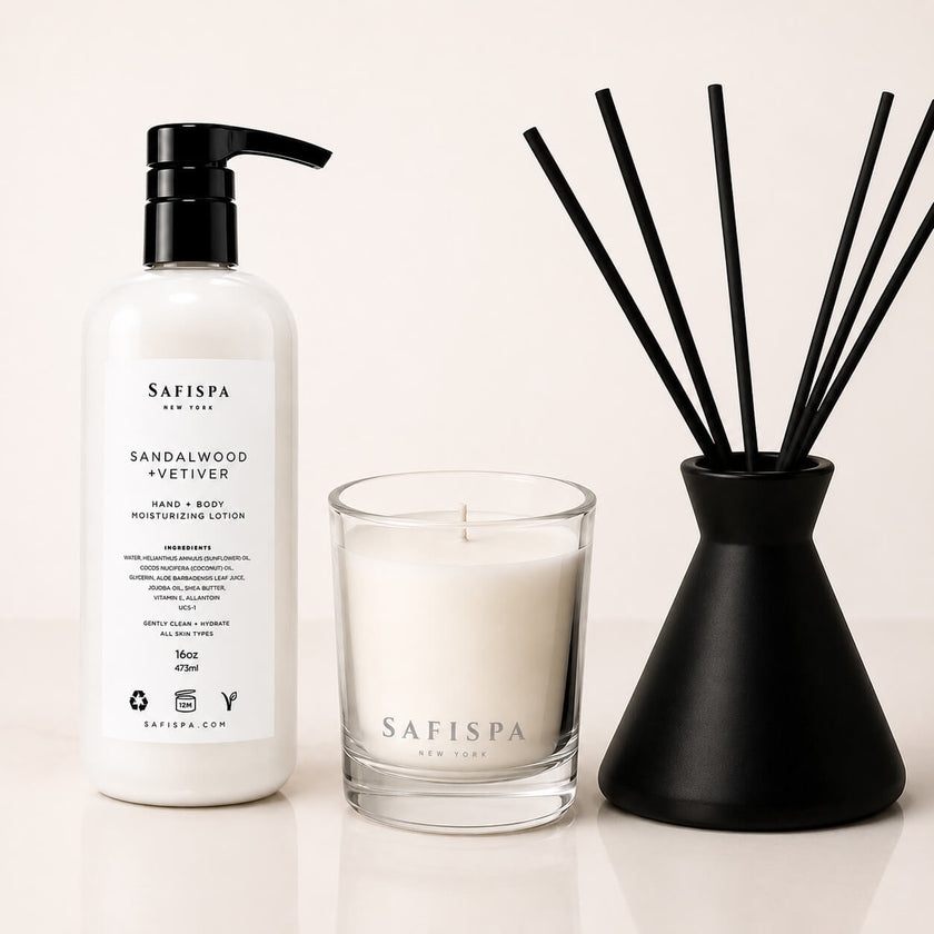SaFiSpa Sandalwood & Vetiver luxury gift set featuring a handcrafted soy candle, moisturizing hand and body lotion, and premium reed diffuser for an elegant home fragrance and self-care experience