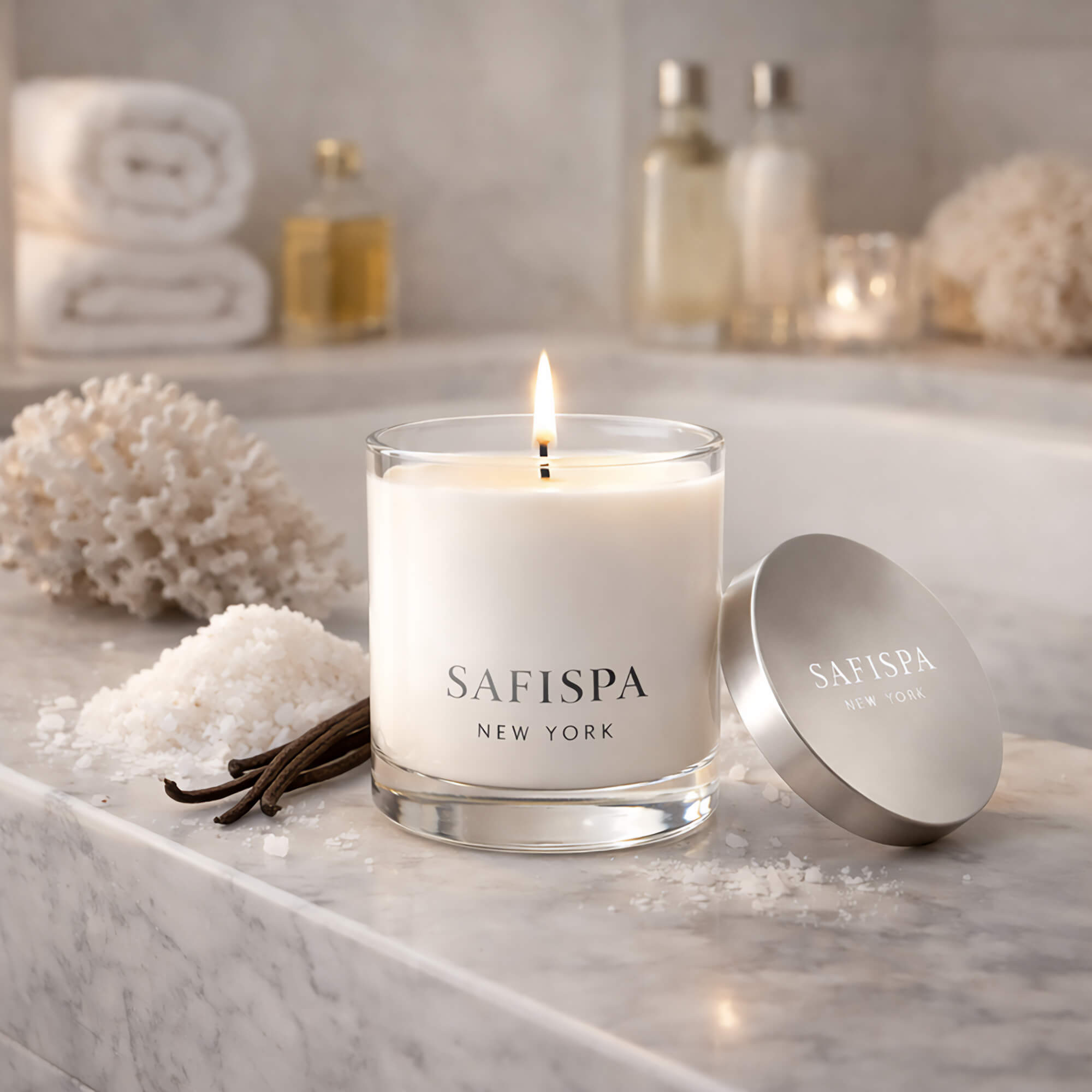 Sea Salt luxury candle by SaFiSpa New York creating fresh coastal inspired home fragrance atmosphere.