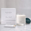 SaFiSpa Sea Salt scented candle with luxury white box packaging, premium glass jar candle and silver lid.