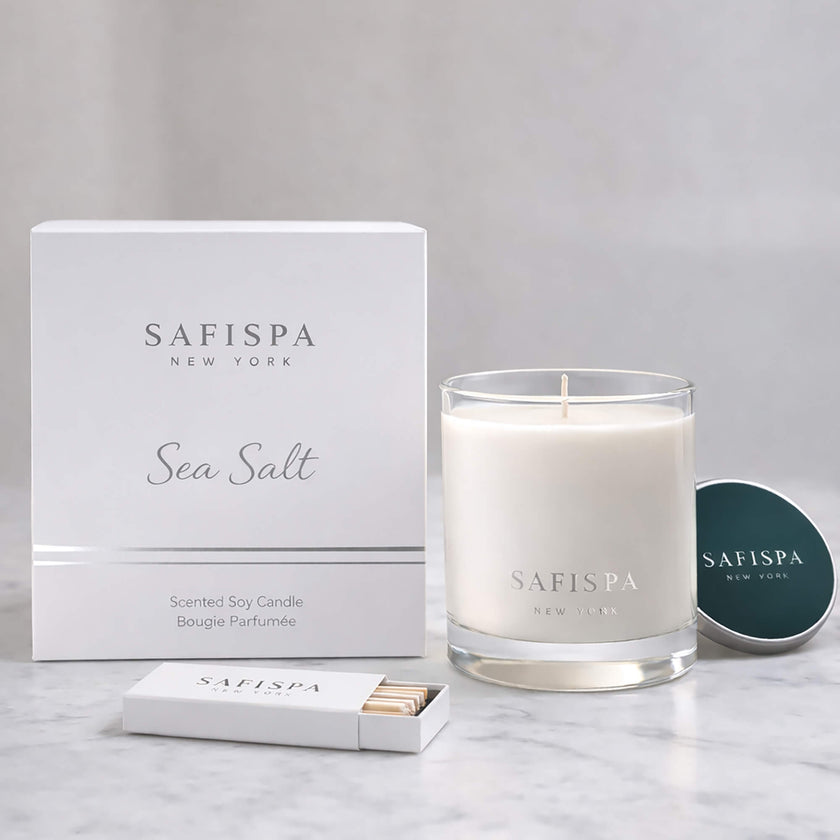 SaFiSpa Sea Salt scented candle with luxury white box packaging, premium glass jar candle and silver lid.