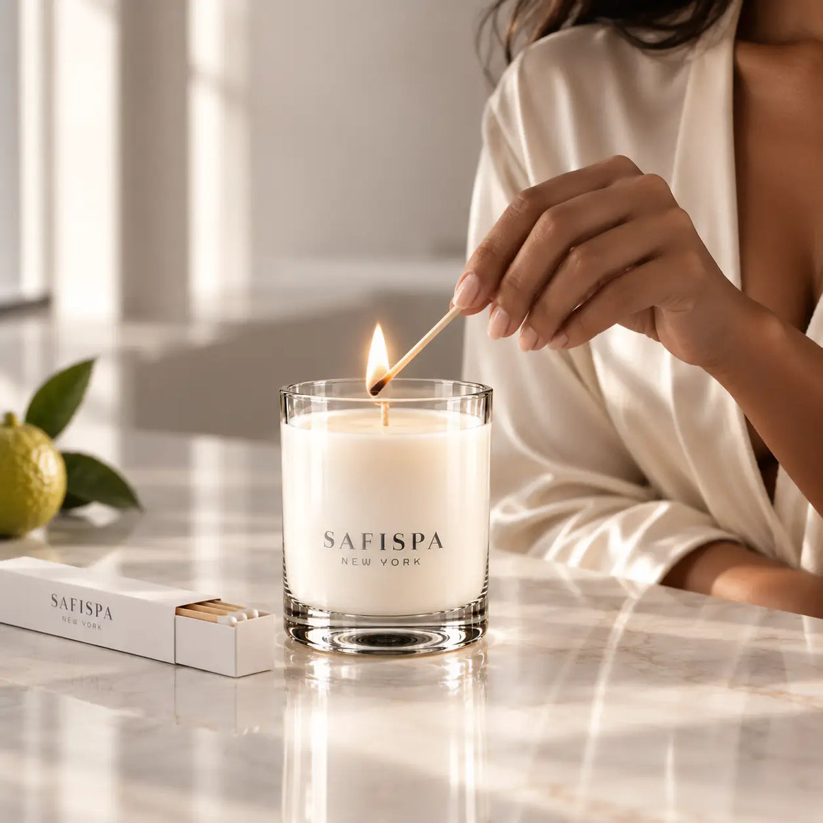 Woman lighting a SaFiSpa Tropical scented candle in an elegant home setting with subtle lemon and bergamot notes.