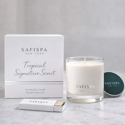Tropical Signature Scent luxury candle by SaFiSpa New York creating fresh uplifting home fragrance atmosphere.