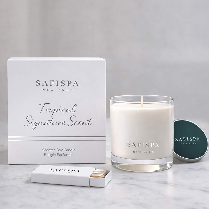 Tropical Signature Scent luxury candle by SaFiSpa New York creating fresh uplifting home fragrance atmosphere.
