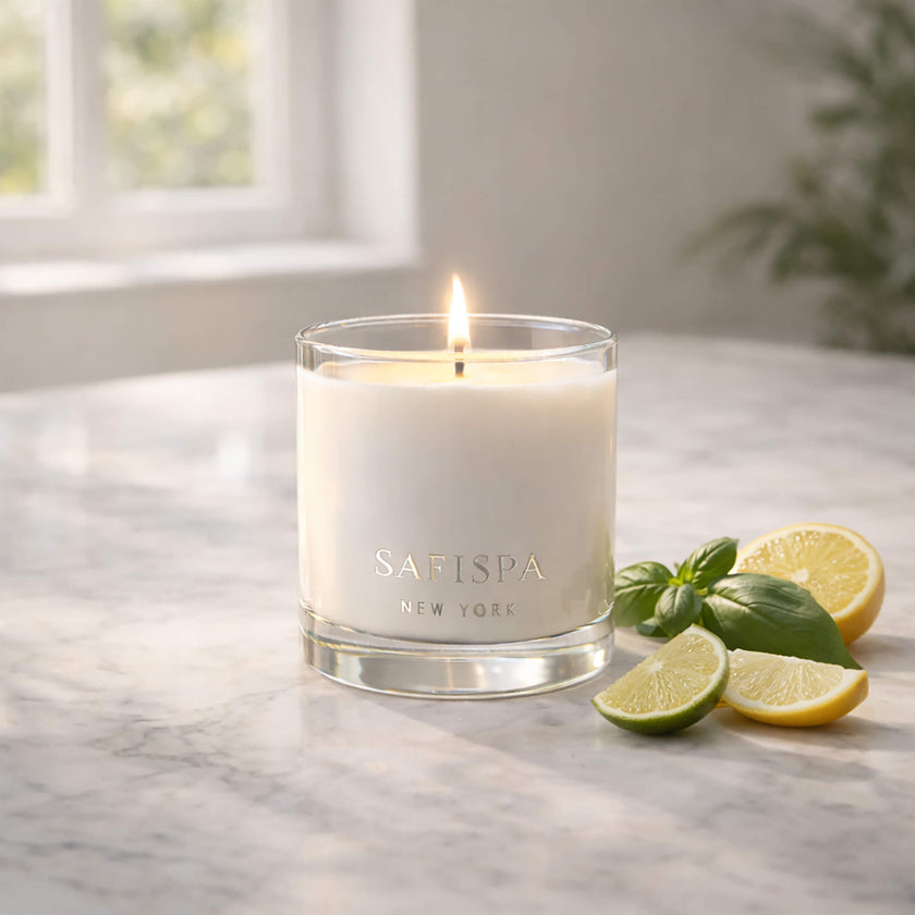 Tropical Signature Scent luxury candle by SaFiSpa New York creating fresh uplifting home fragrance atmosphere.