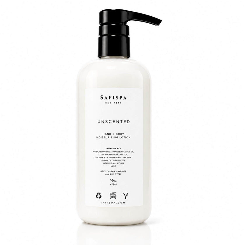 SaFiSpa Unscented Body Lotion 16 oz moisturizing lotion with shea butter, aloe vera and botanical oils for sensitive skin