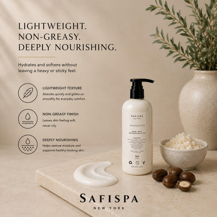 SaFiSpa Unscented Body Lotion lightweight non-greasy moisturizer with fast absorbing hydration and nourishing botanical oils