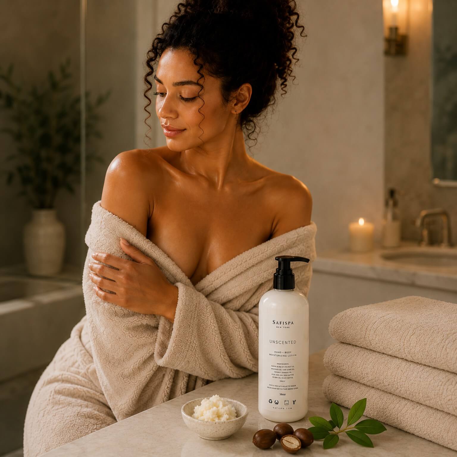 Woman with soft hydrated healthy skin after using SaFiSpa Unscented Body Lotion with botanical moisturizers.