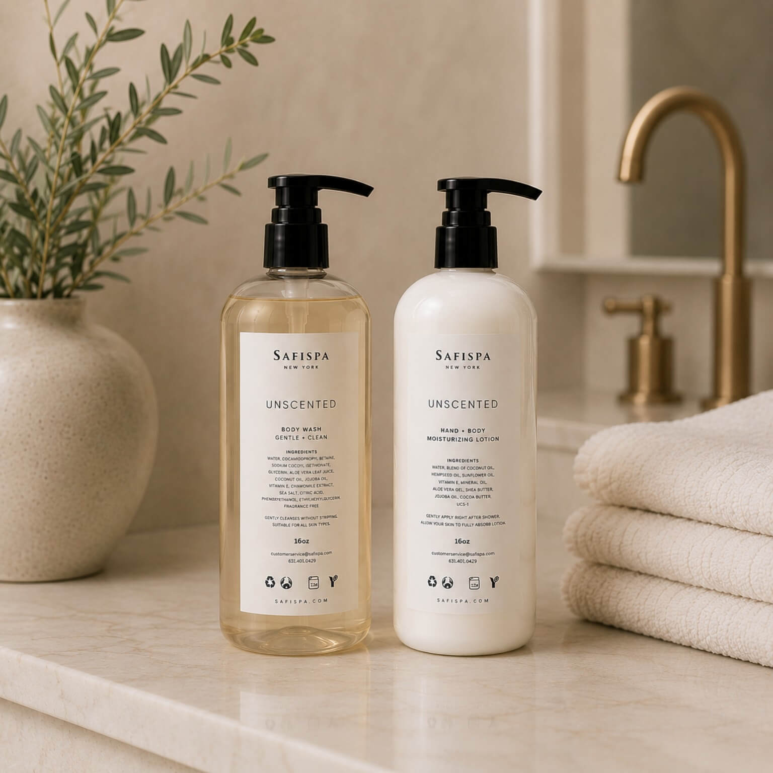 SaFiSpa Unscented Body Wash and Unscented Body Lotion complete daily skincare routine for clean hydrated skin.
