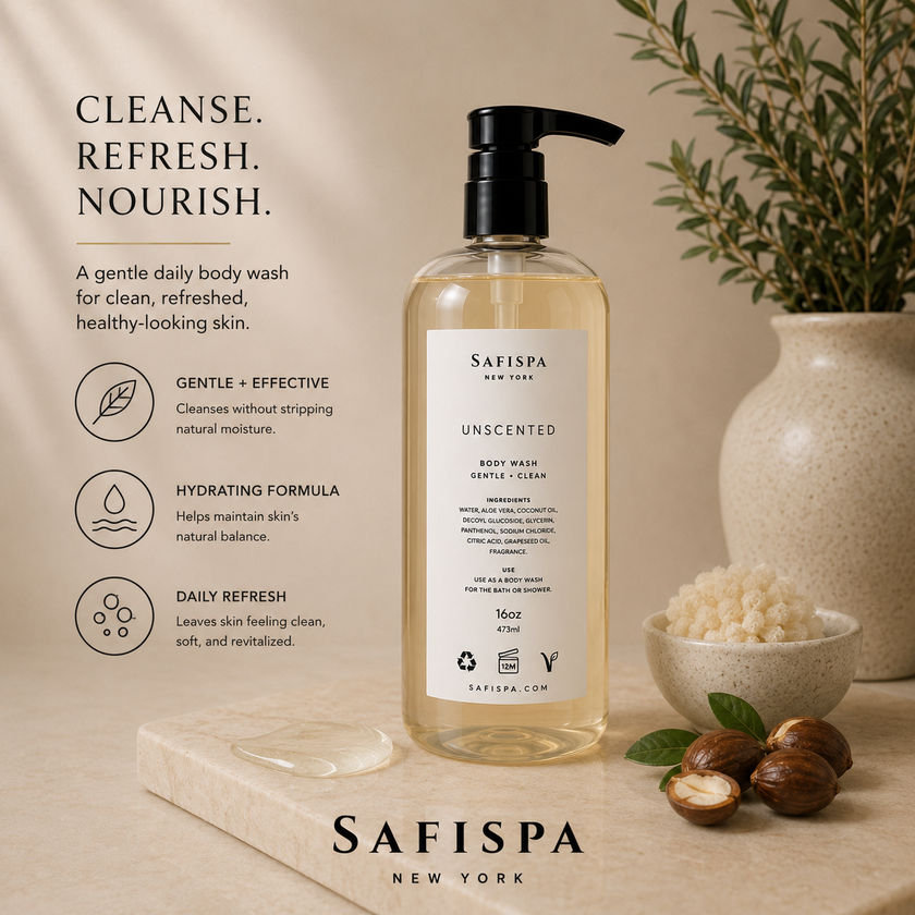 SaFiSpa Unscented Body Wash featuring a gentle cleansing formula that helps remove impurities while supporting soft hydrated skin.