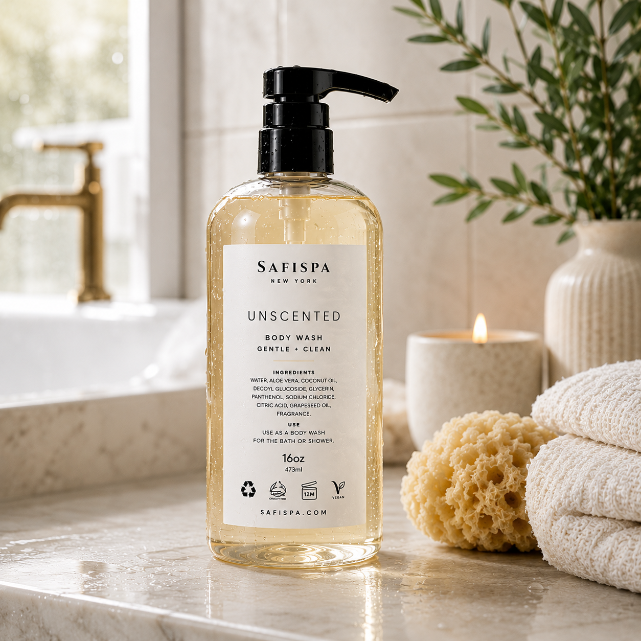 SaFiSpa Unscented Body Wash displayed in a luxury spa-inspired bathroom for a gentle daily cleansing and moisturizing skincare routine.