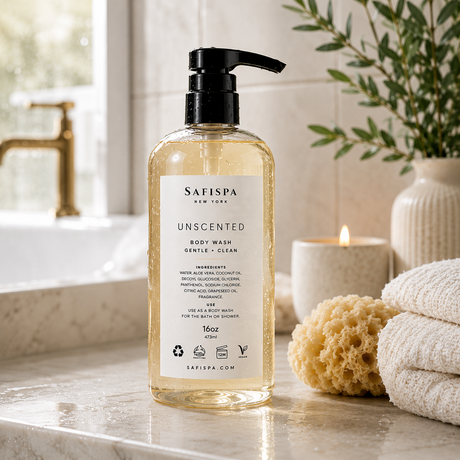 SaFiSpa Unscented Body Wash displayed in a luxury spa-inspired bathroom for a gentle daily cleansing and moisturizing skincare routine.