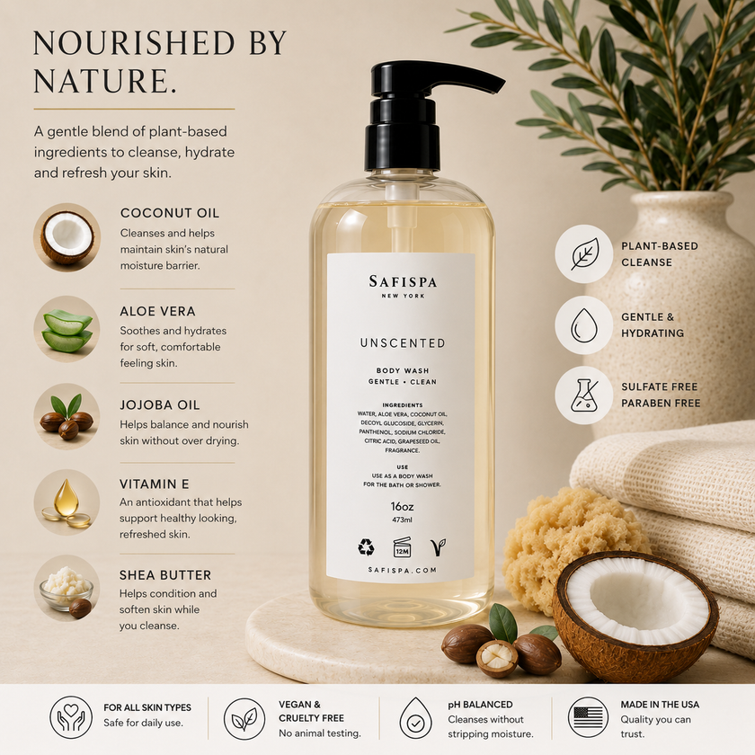 SaFiSpa Unscented Body Wash with aloe vera, coconut oil and skin-conditioning botanical ingredients for gentle cleansing and hydration.