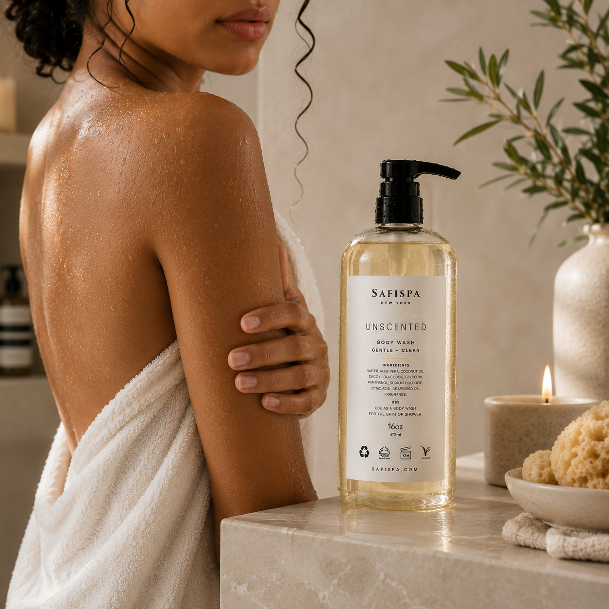 Woman with soft healthy hydrated skin after using SaFiSpa Unscented Body Wash in a luxury spa-inspired self-care routine.