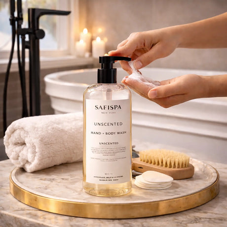 Hands dispensing SaFiSpa Unscented body wash during gentle skincare ritual