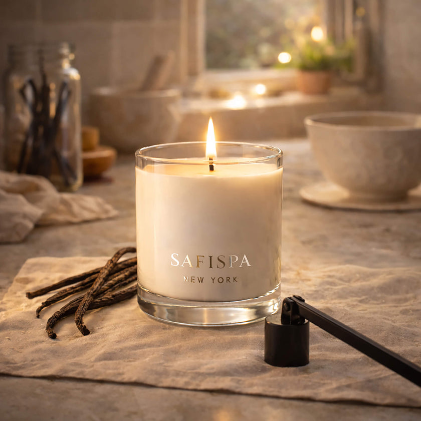 SaFiSpa Vanilla Essence candle glowing in luxury living room creating warm relaxing vanilla home fragrance.