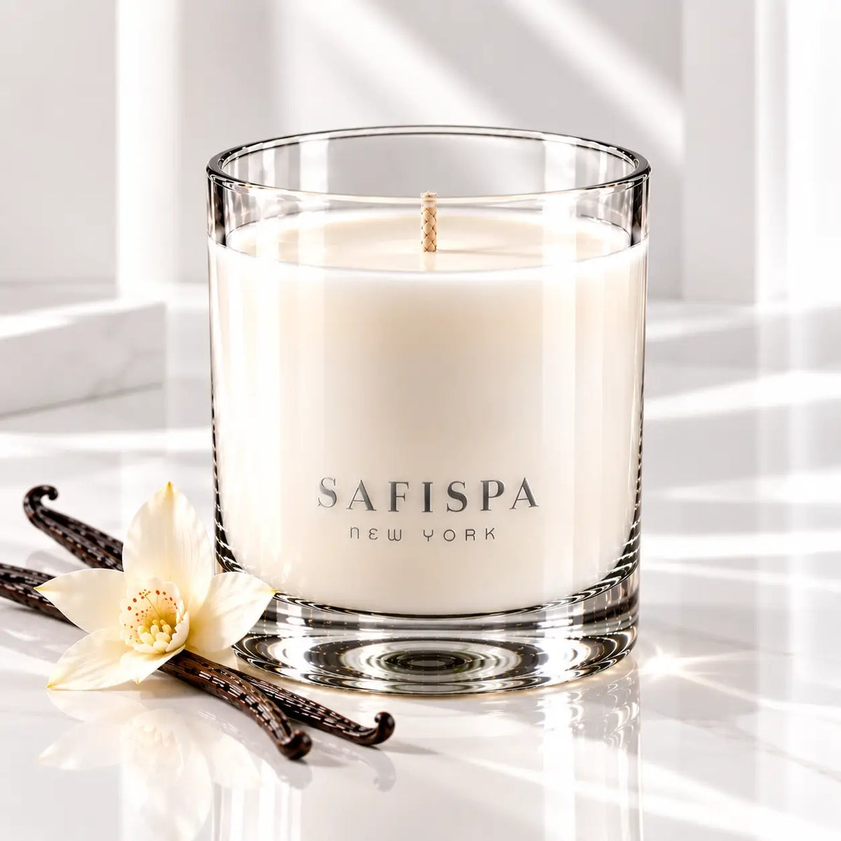 SaFiSpa Vanilla Essence luxury scented soy candle in clear glass with vanilla beans on an elegant white background