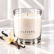 SaFiSpa Vanilla Essence luxury scented soy candle in clear glass with vanilla beans on an elegant white background