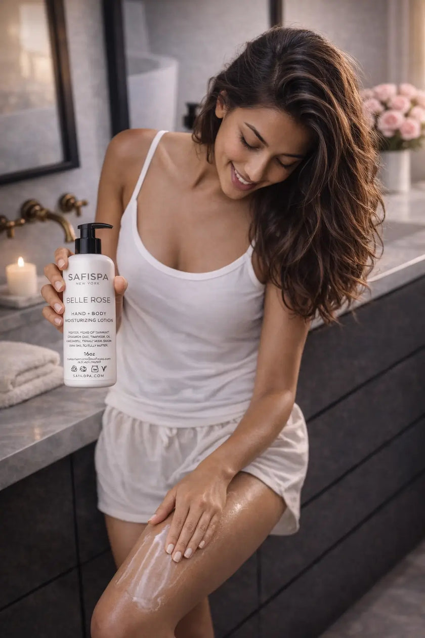Woman applying lotion to her leg in a bathroom, holding a bottle of Safiara Belle Etoile product.
