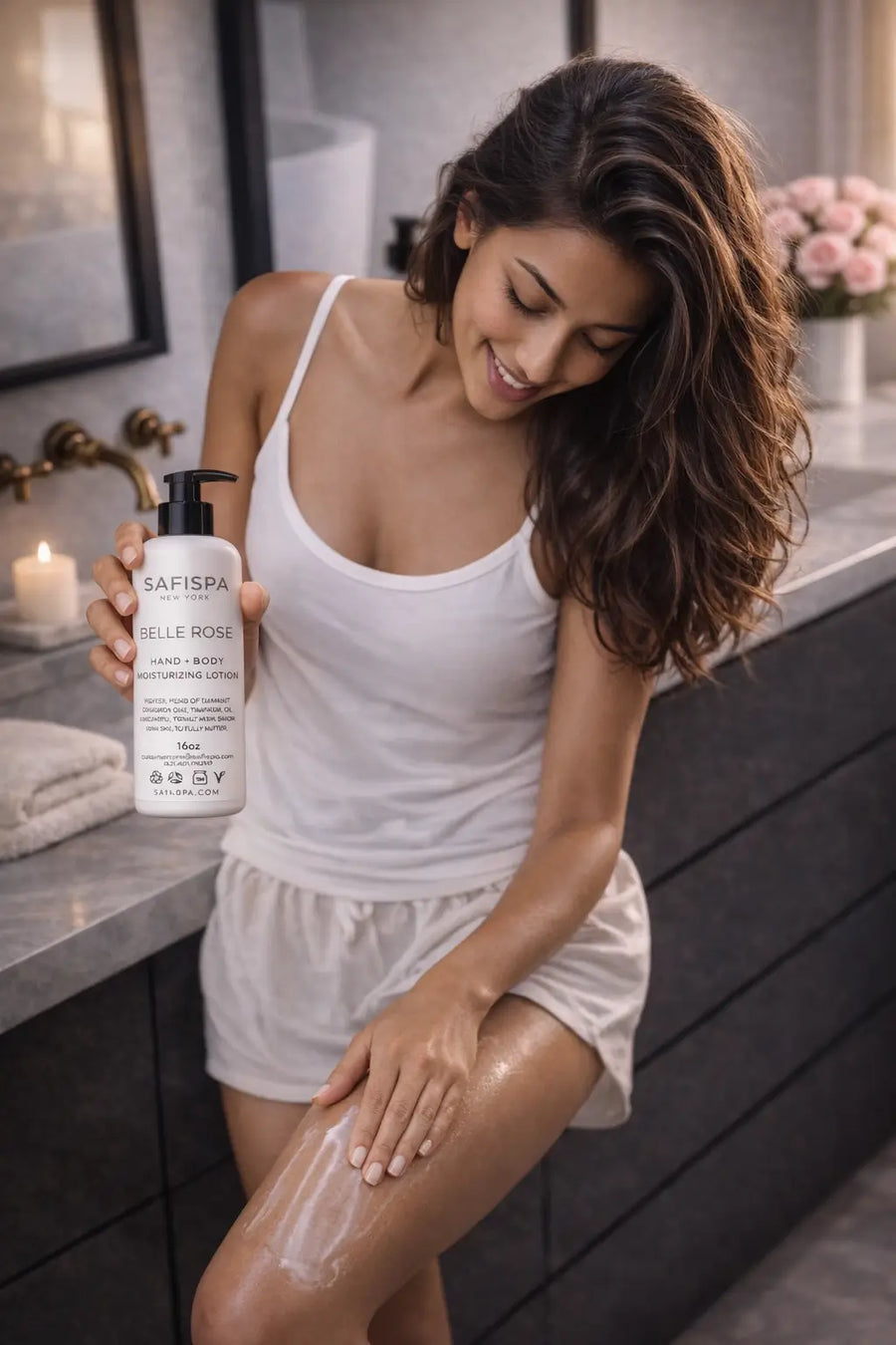 Woman applying lotion to her leg in a bathroom, holding a bottle of Safiara Belle Etoile product.