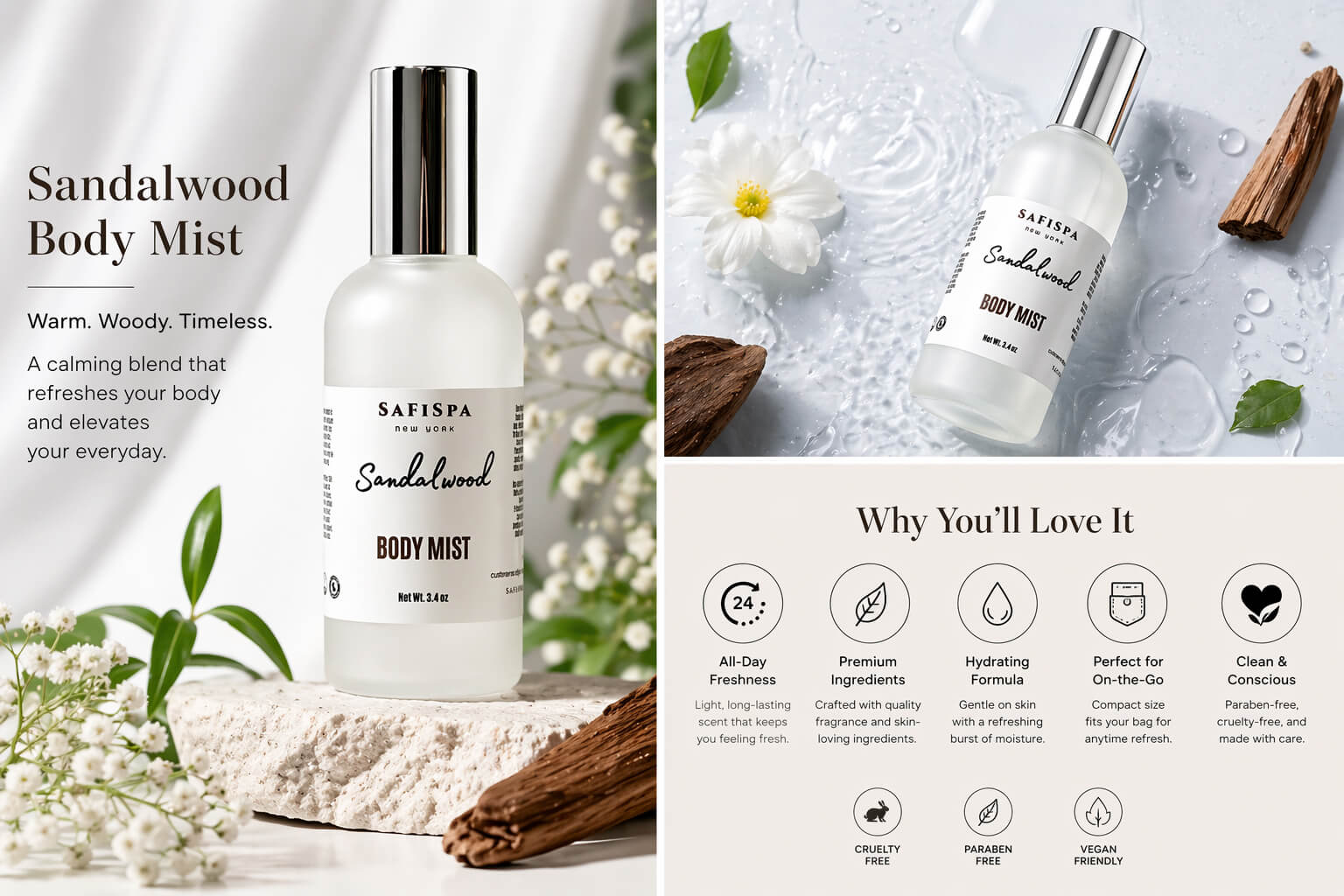 Sandalwood body mist benefits long lasting fragrance hydrating lightweight vegan clean ingredients