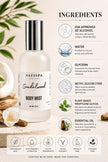 Sandalwood body mist ingredients glycerin essential oils plant based formula hydrating clean fragrance