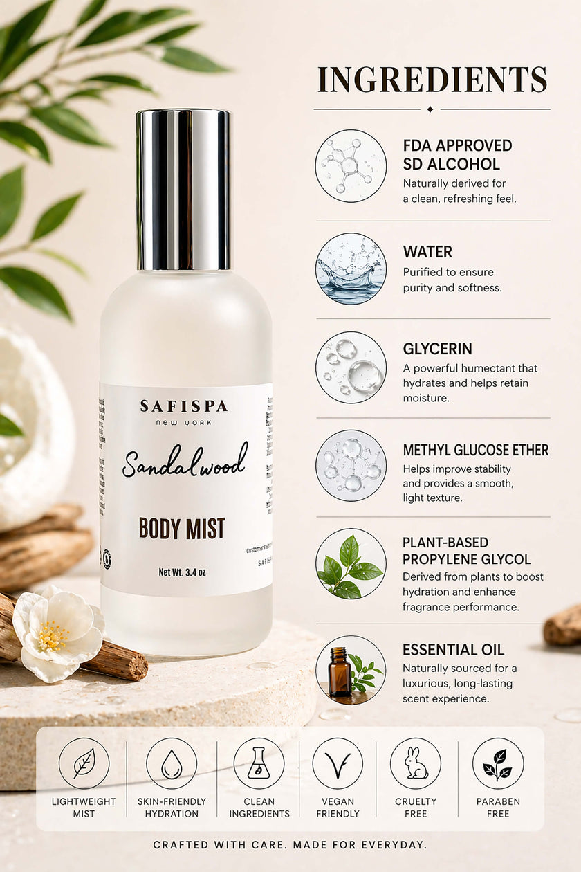Sandalwood body mist ingredients glycerin essential oils plant based formula hydrating clean fragrance