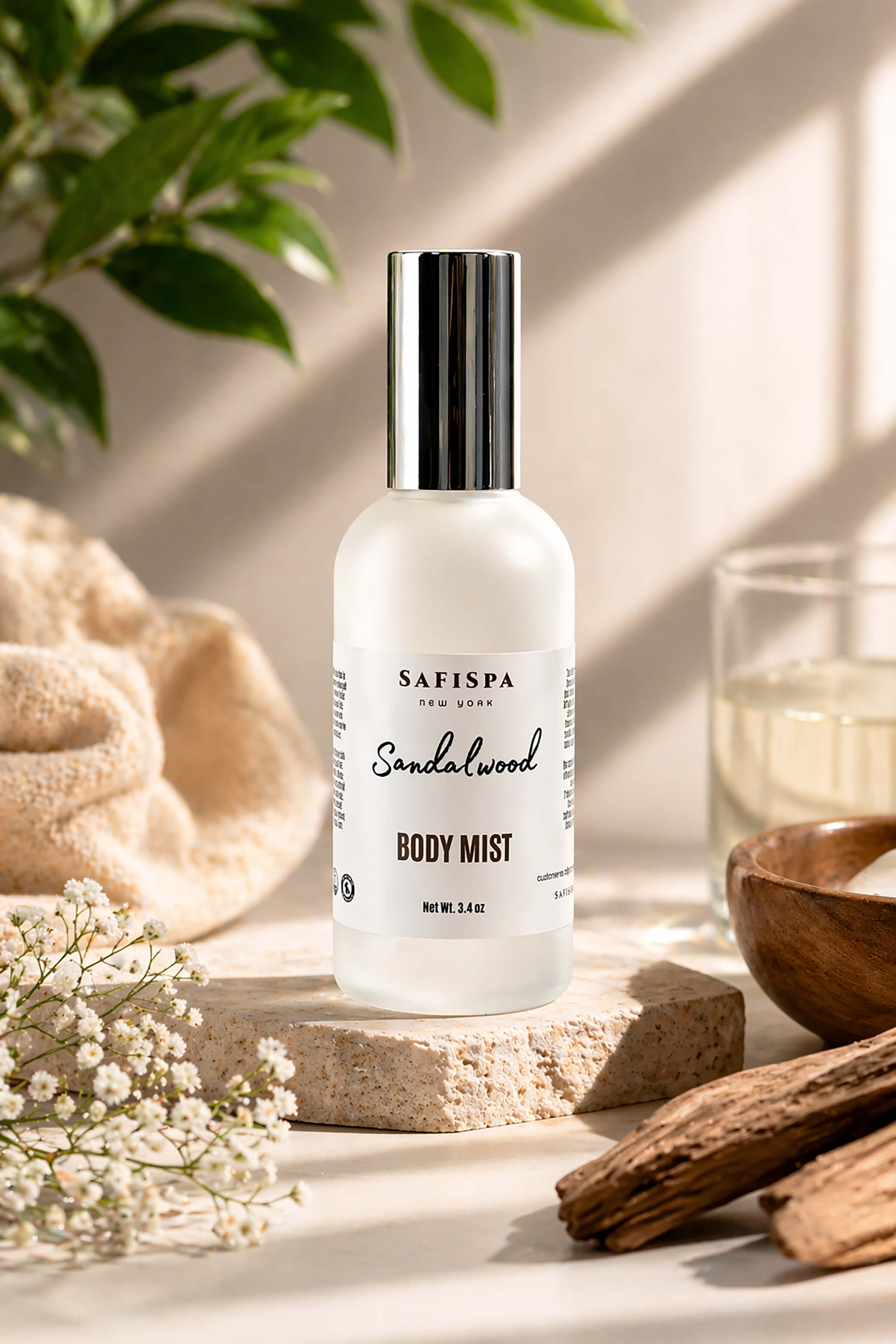 Sandalwood body mist in spa setting with natural light hydrating fragrance for daily self care routine
