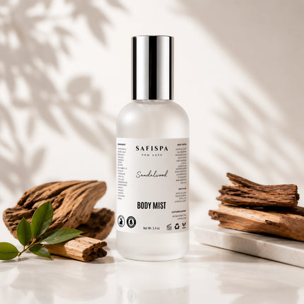 aFiSpa Sandalwood Body Mist with natural sandalwood, a warm woody unisex fragrance in a luxury product setting.