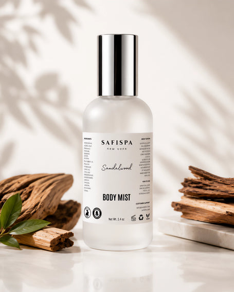 aFiSpa Sandalwood Body Mist with natural sandalwood, a warm woody unisex fragrance in a luxury product setting.