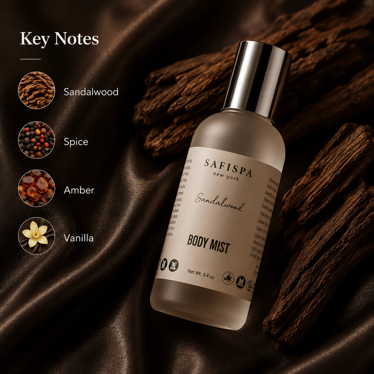 SaFiSpa Sandalwood Body Mist fragrance notes featuring warm sandalwood and a refined woody scent profile.