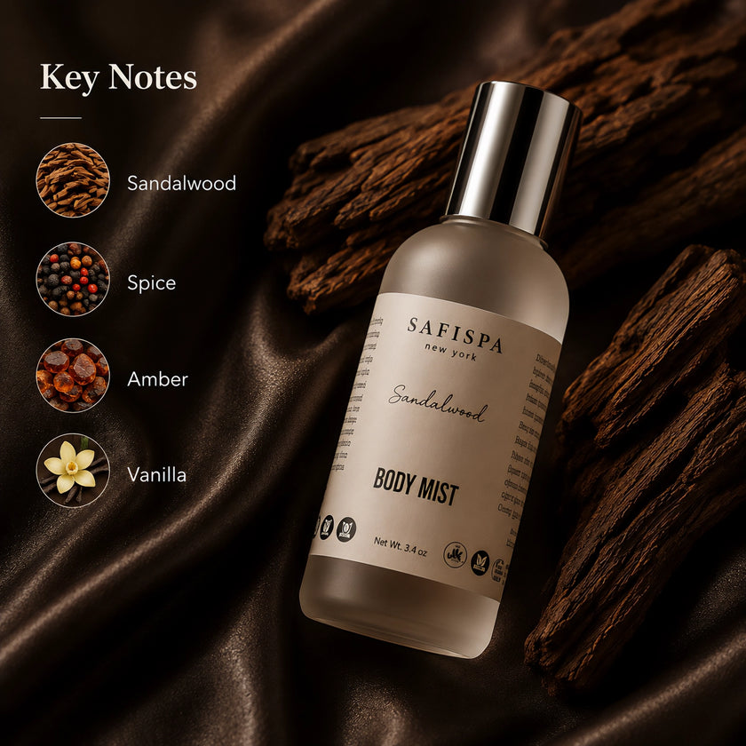 SaFiSpa Sandalwood Body Mist fragrance notes featuring warm sandalwood and a refined woody scent profile.