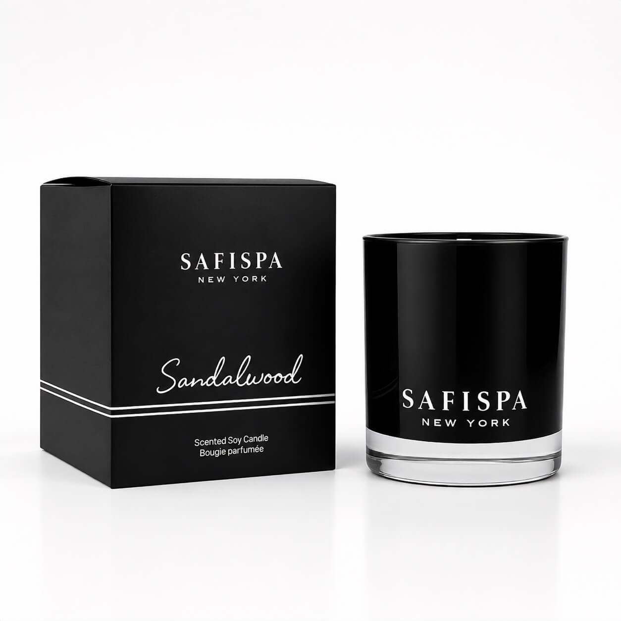 SaFiSpa Sandalwood scented soy candle in signature black glass with matching gift box.